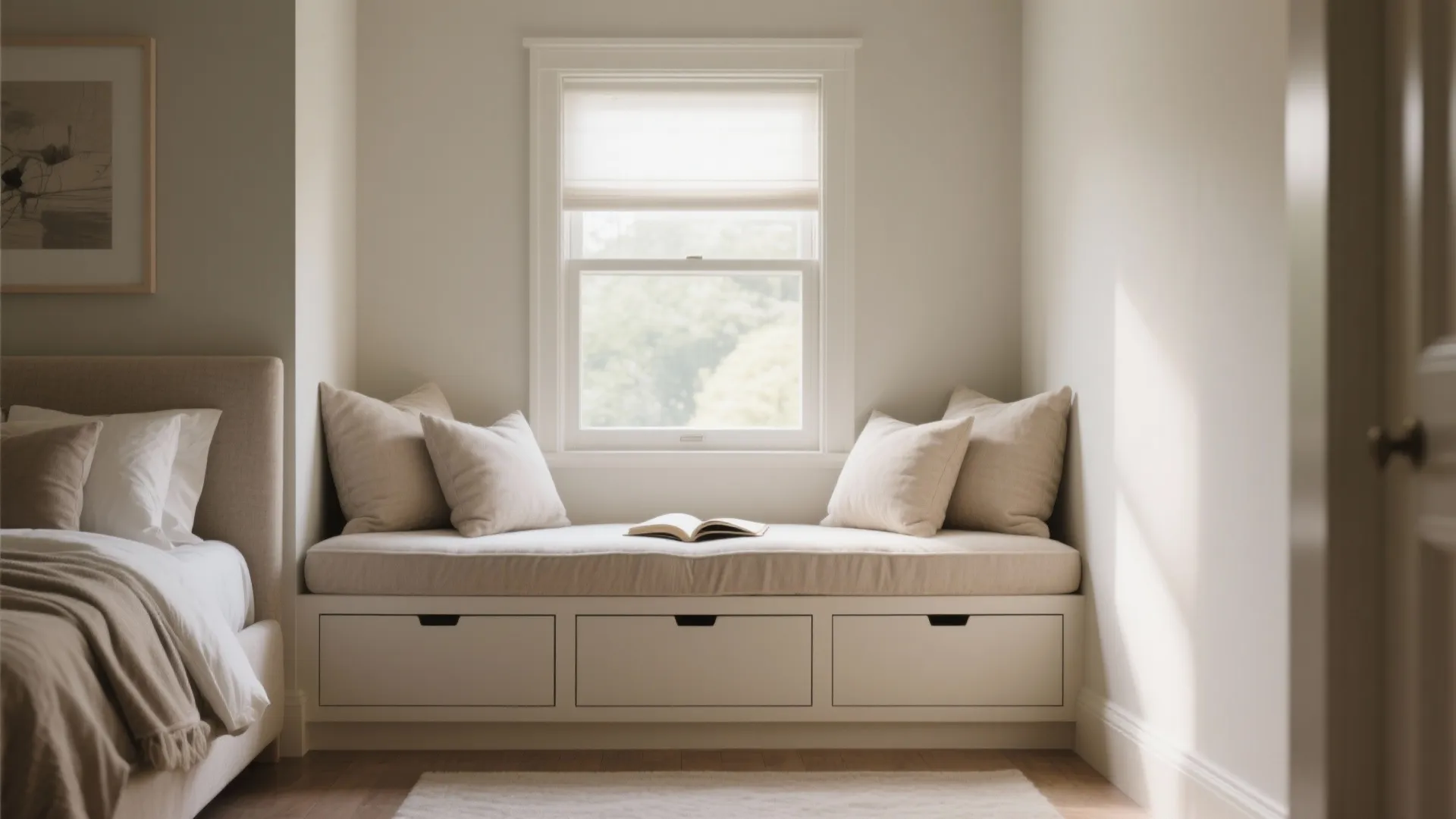 Built-in white window seat with storage drawers beige cushions pillows and book in sunny room