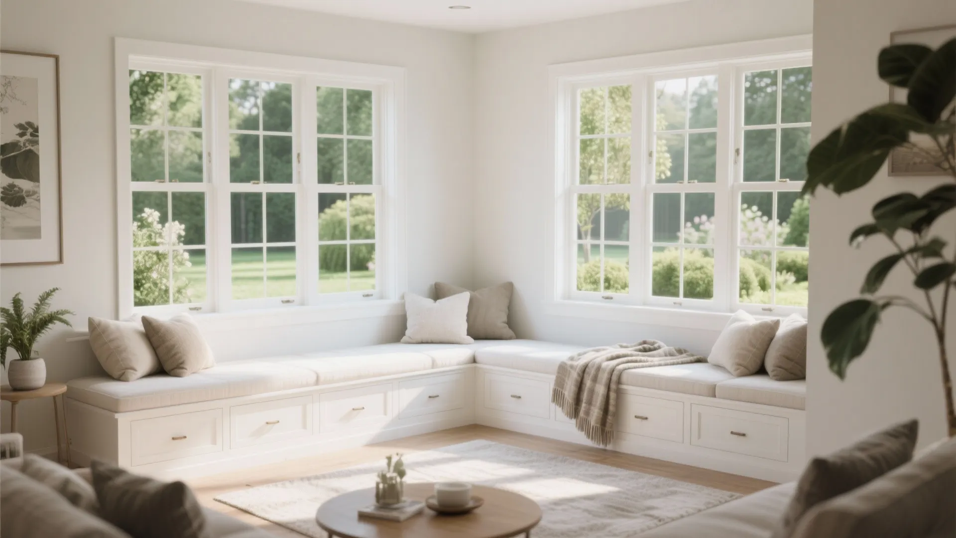 Bright corner window seat with white cushions pillows and storage drawers in a sunny room