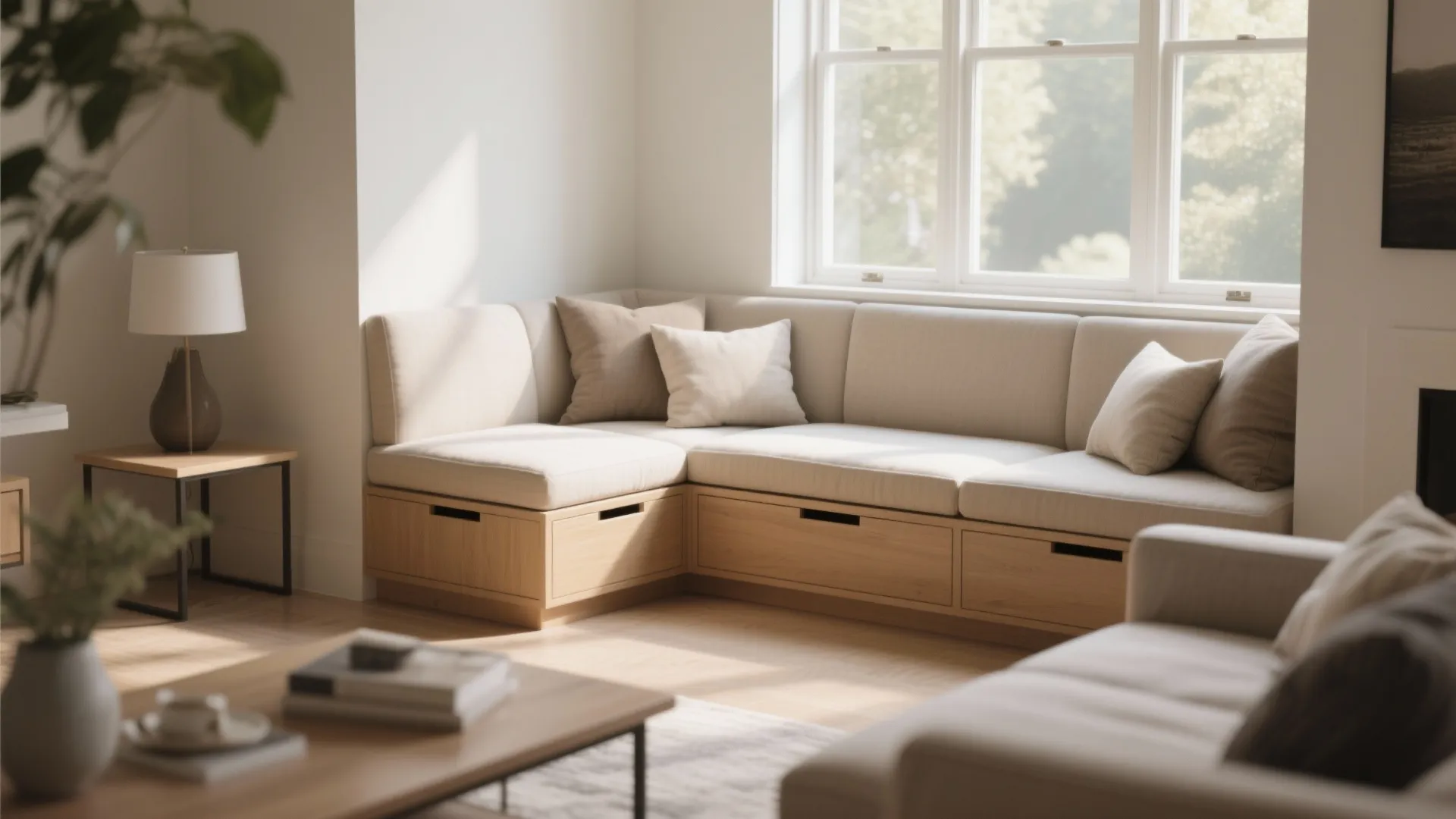 Cozy built-in window seat with light cushions and wooden storage drawers in a bright room