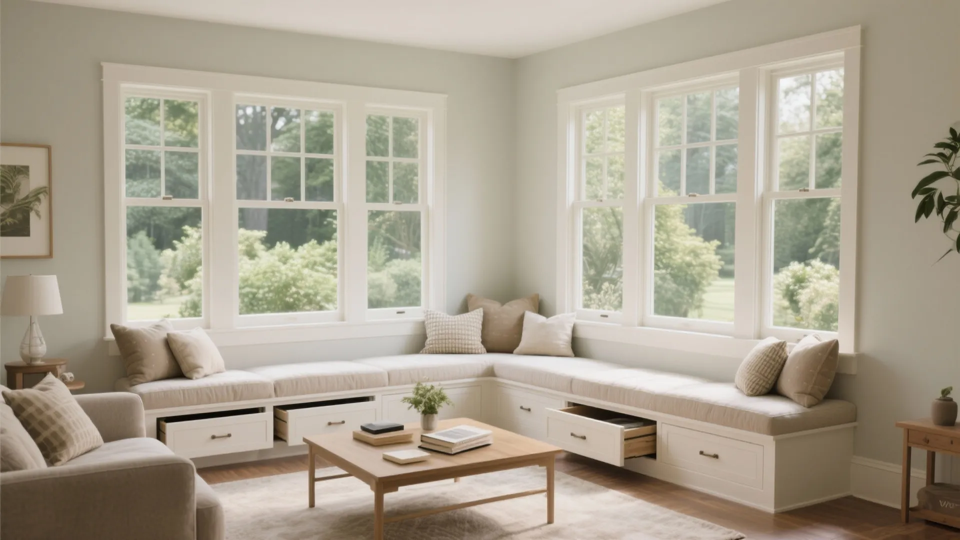 L-shaped built-in window seat with storage drawers cushions pillows and a small wooden coffee table