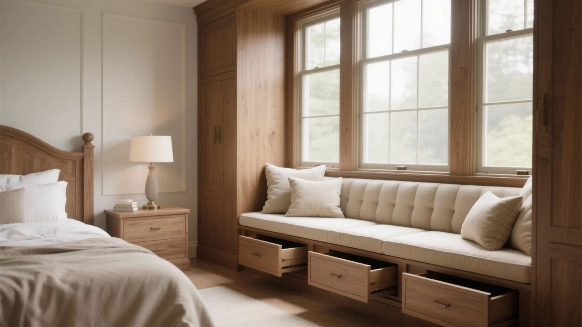 Wooden window seat with storage drawers soft cushions next to large bed and bedside table