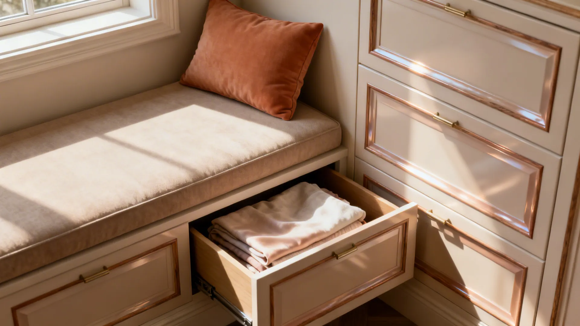 Close-up of a window seat with storage drawers and built-in cabinets in neutral tones
