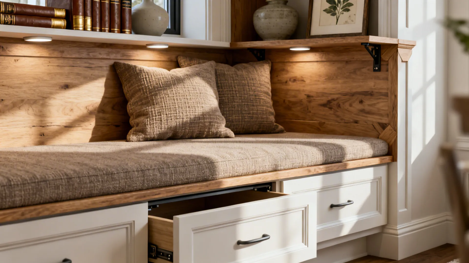 Built-in window seat with hidden storage drawers and warm cushions in a compact apartment