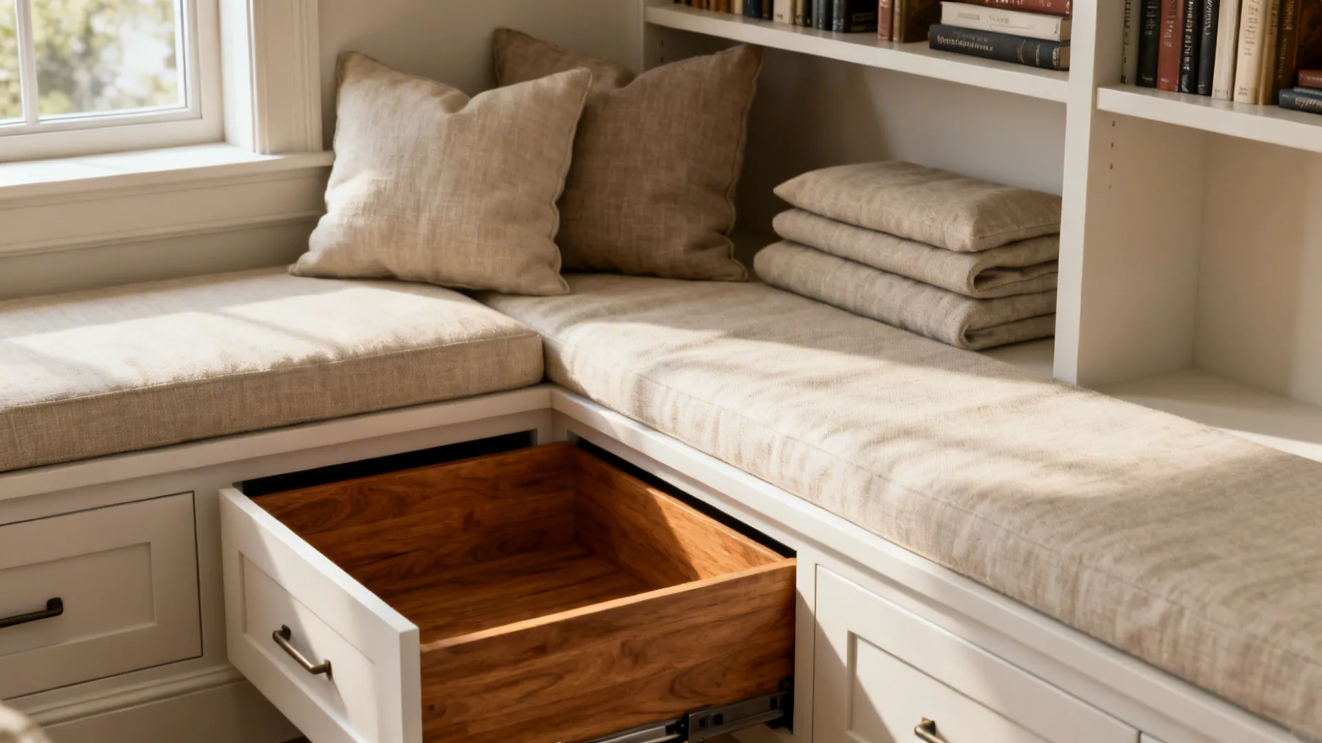 Close-up of a multifunctional window seat with deep drawers and bookshelf integration