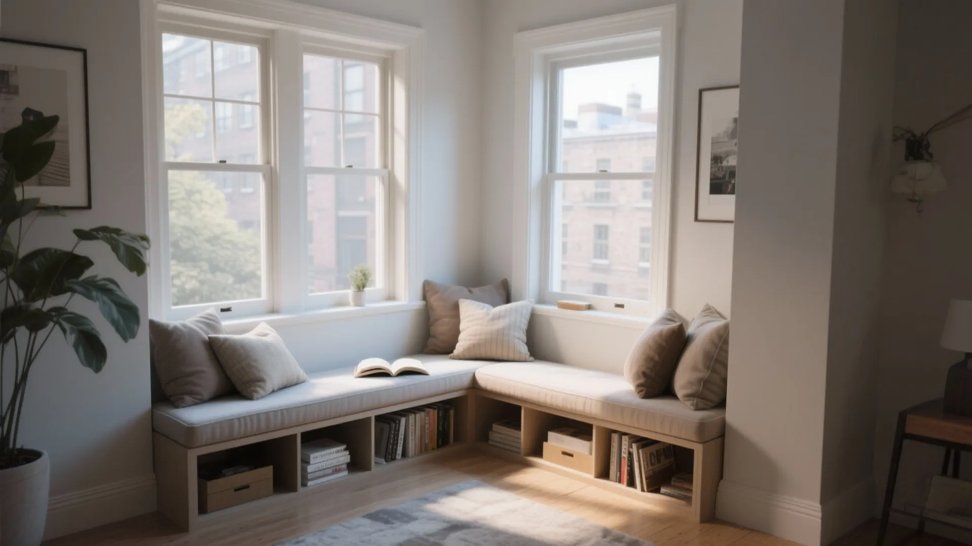 Corner window seat with beige cushions pillows built in bookshelves large windows and green potted plant