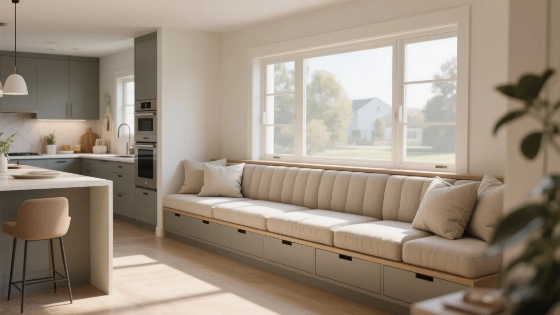Built in window seat with beige cushions and storage drawers next to a modern kitchen