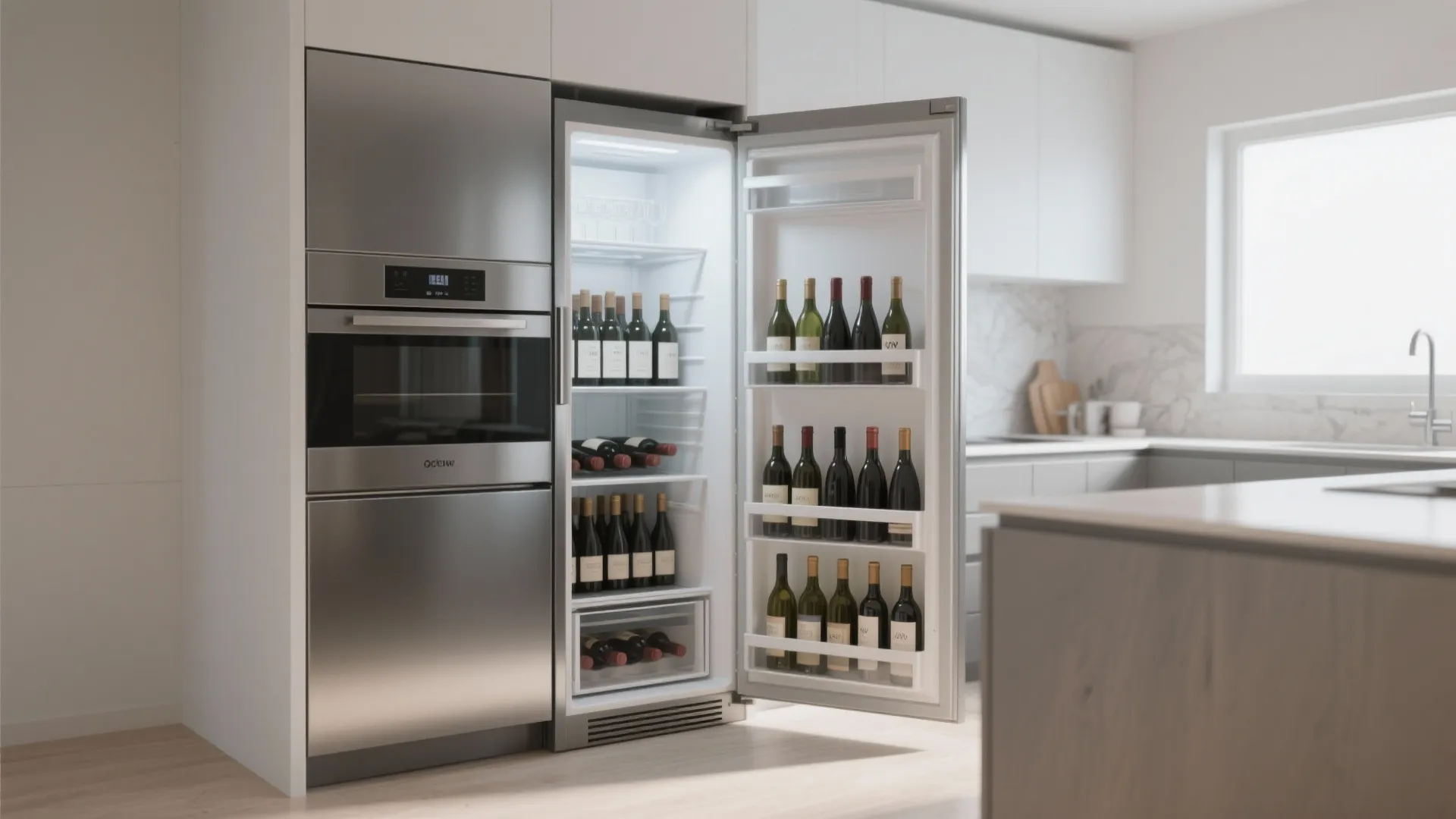 Modern silver wine fridge with open door showing many wine bottles in a bright white