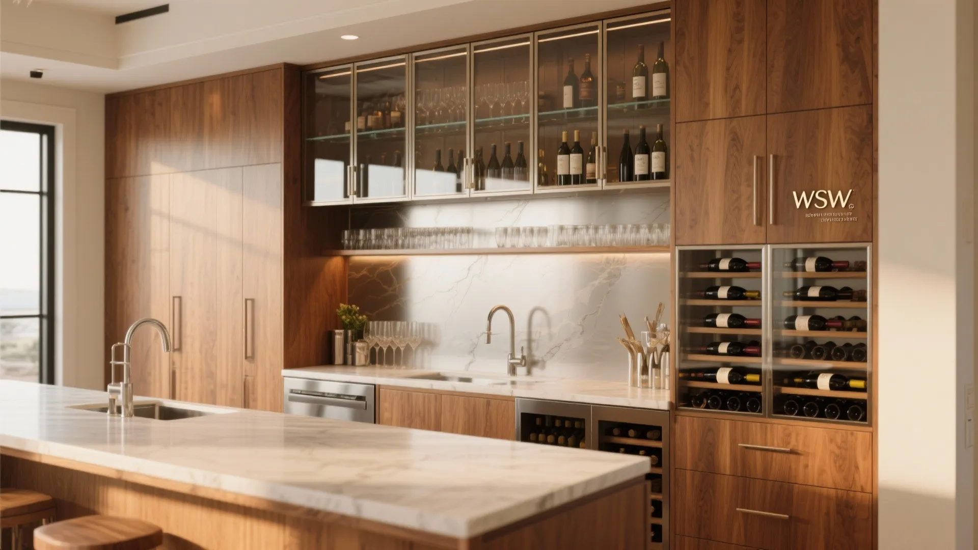 Modern kitchen with wood cabinets glass wine storage marble countertop and large island in sunny room