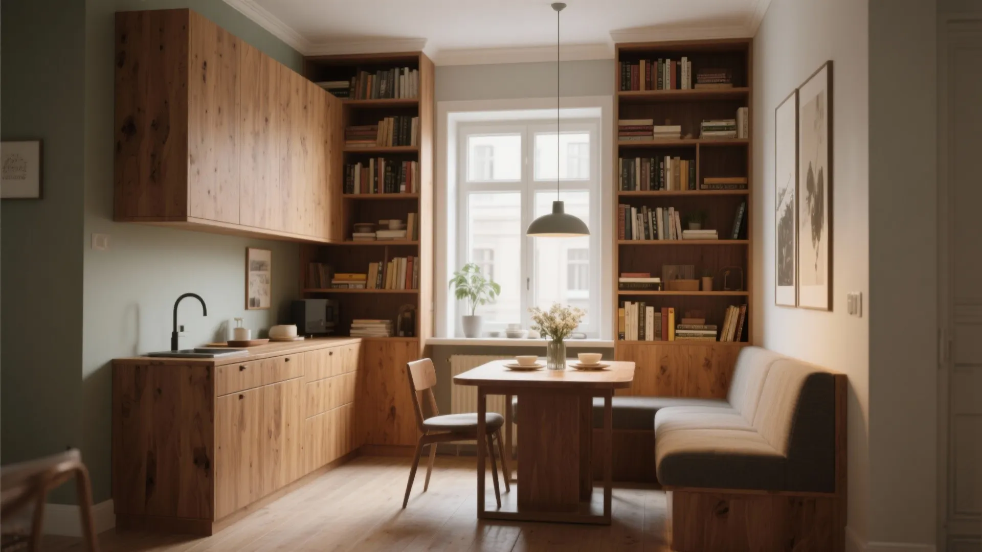 Small dining area with wooden cabinets tall bookshelves a table and bench under a window