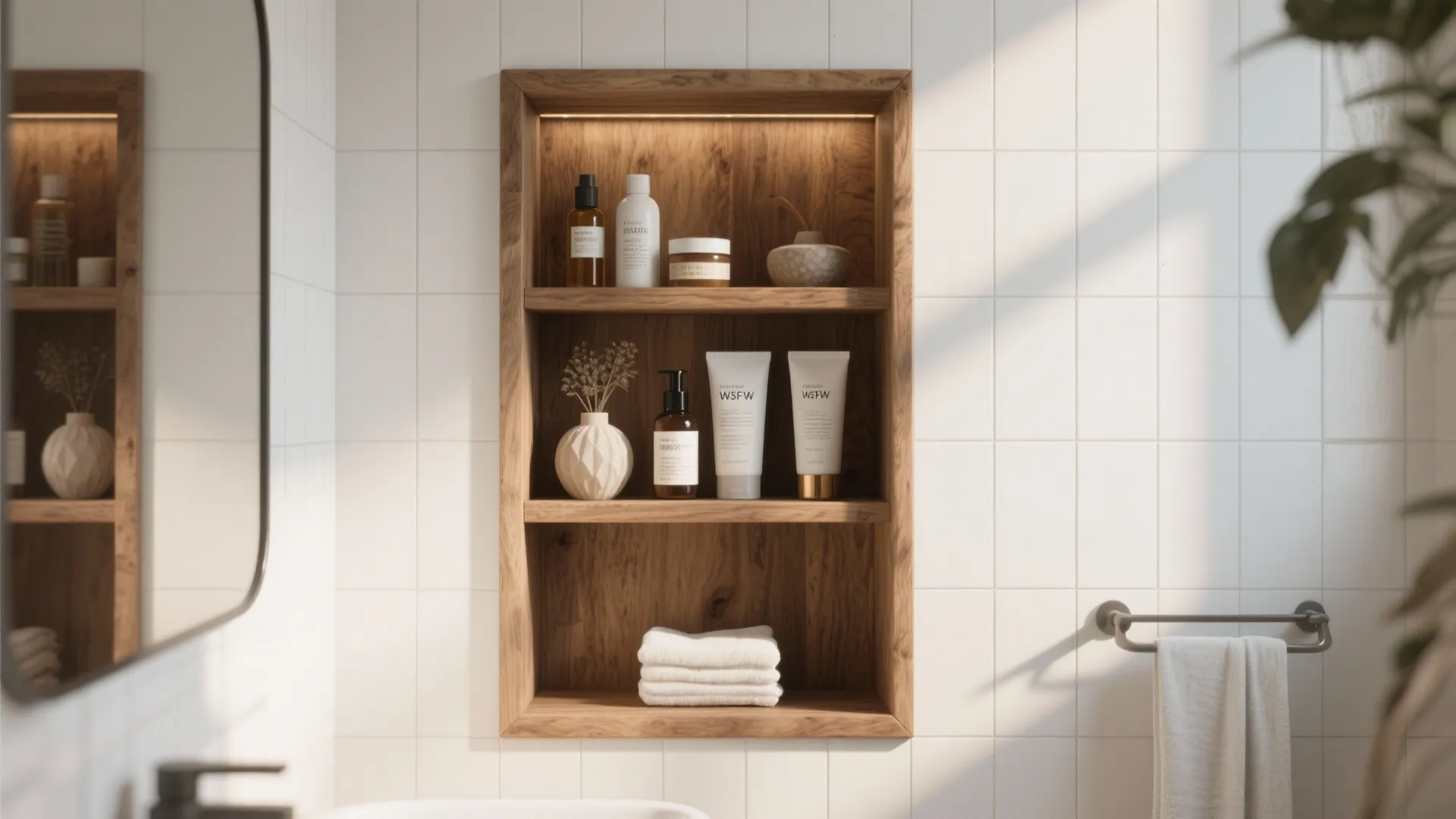 Built in wooden wall shelf holding skincare products towels and vase in white tiled bathroom