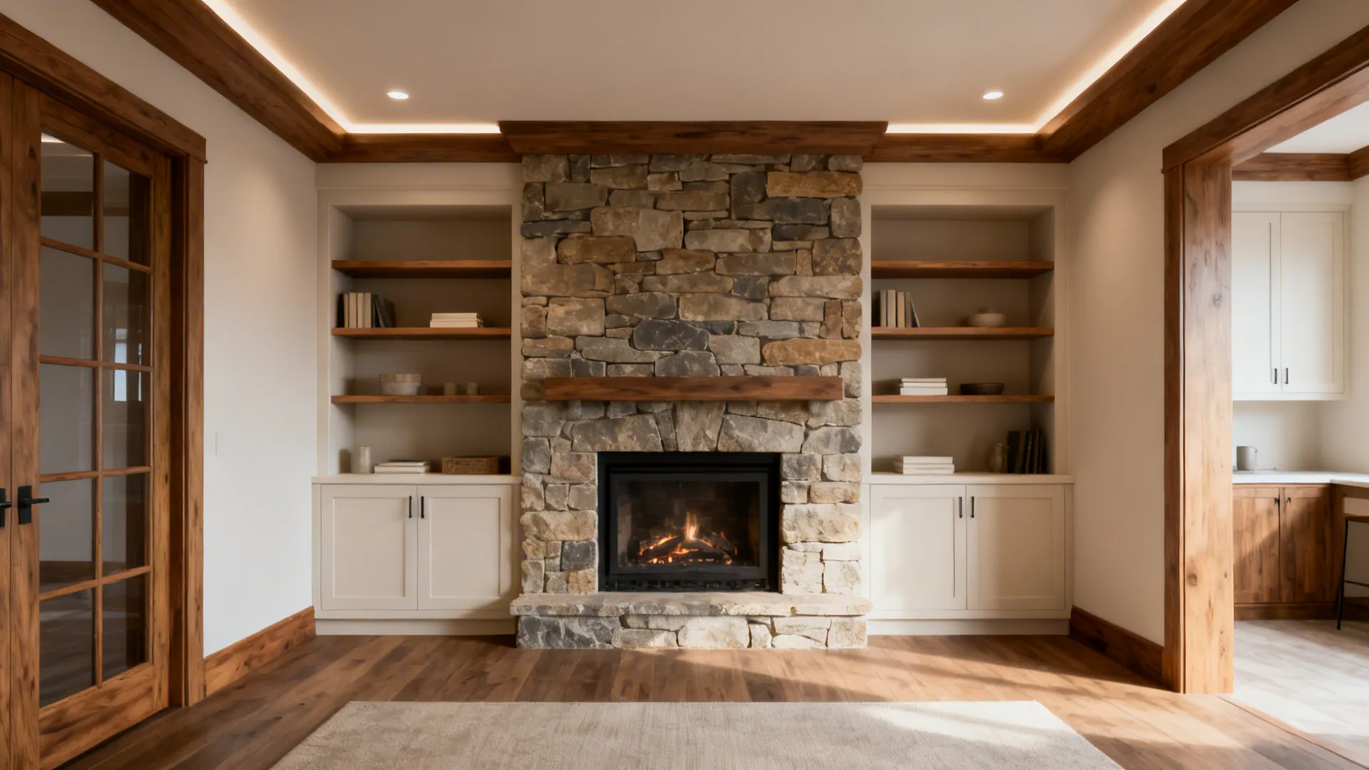 Stone fireplace flanked by symmetrical built-in shelves and cabinets providing storage and balance