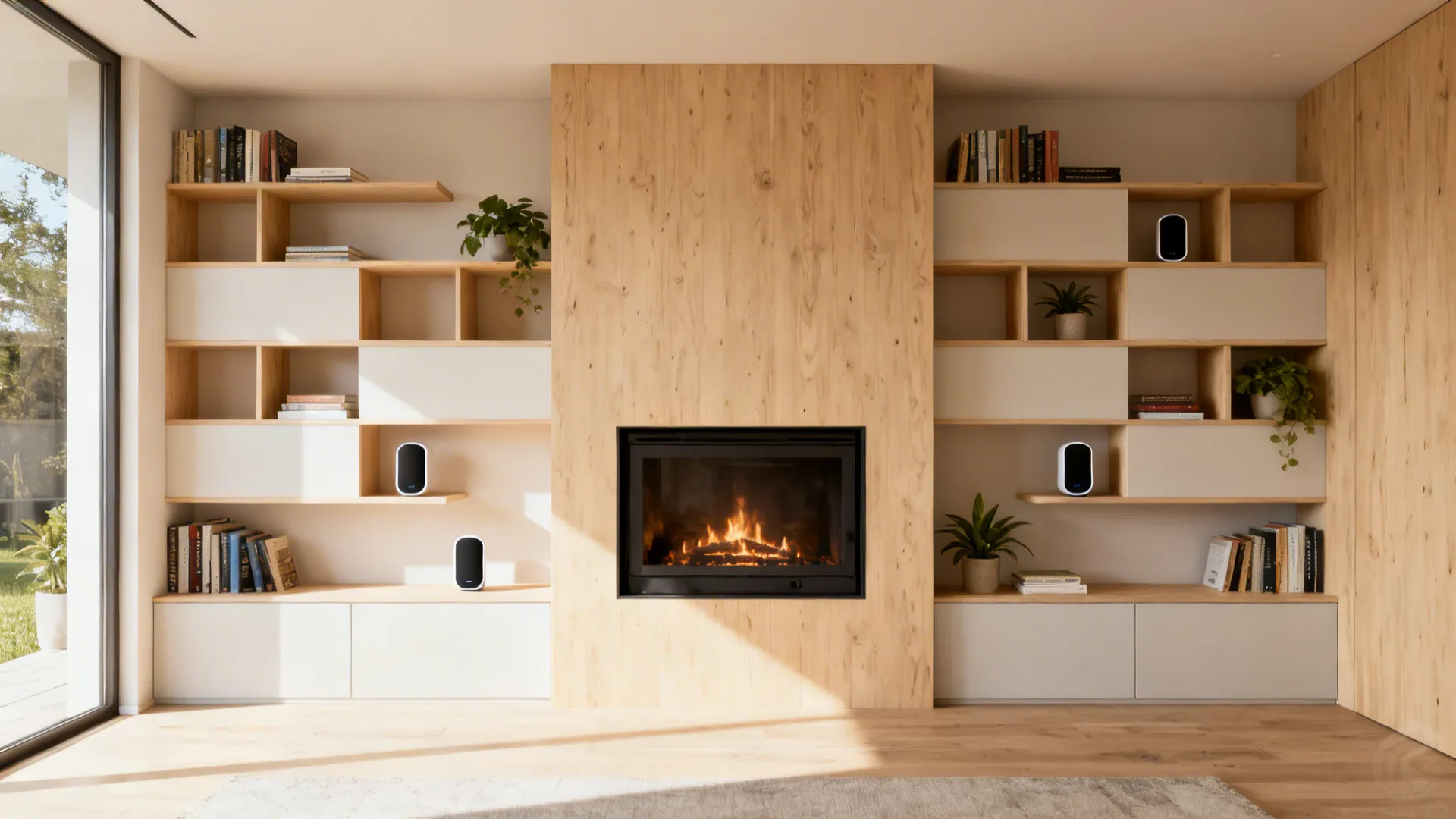 Fireplace flanked by shallow built-in shelves with open and closed sections and staggered floating shelves.