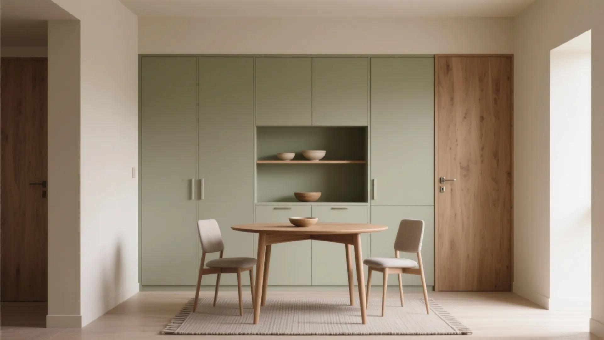 Minimalist built-ins that frame the table