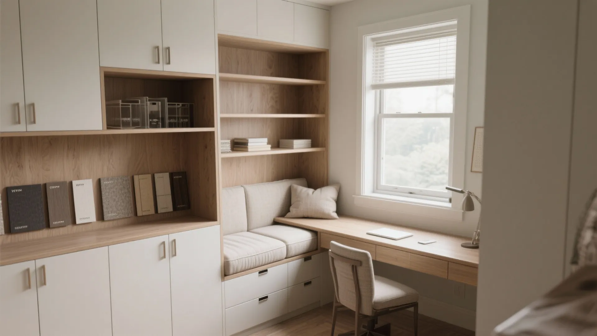 Home office with white cabinets wooden shelves a window seat desk chair and desk lamp
