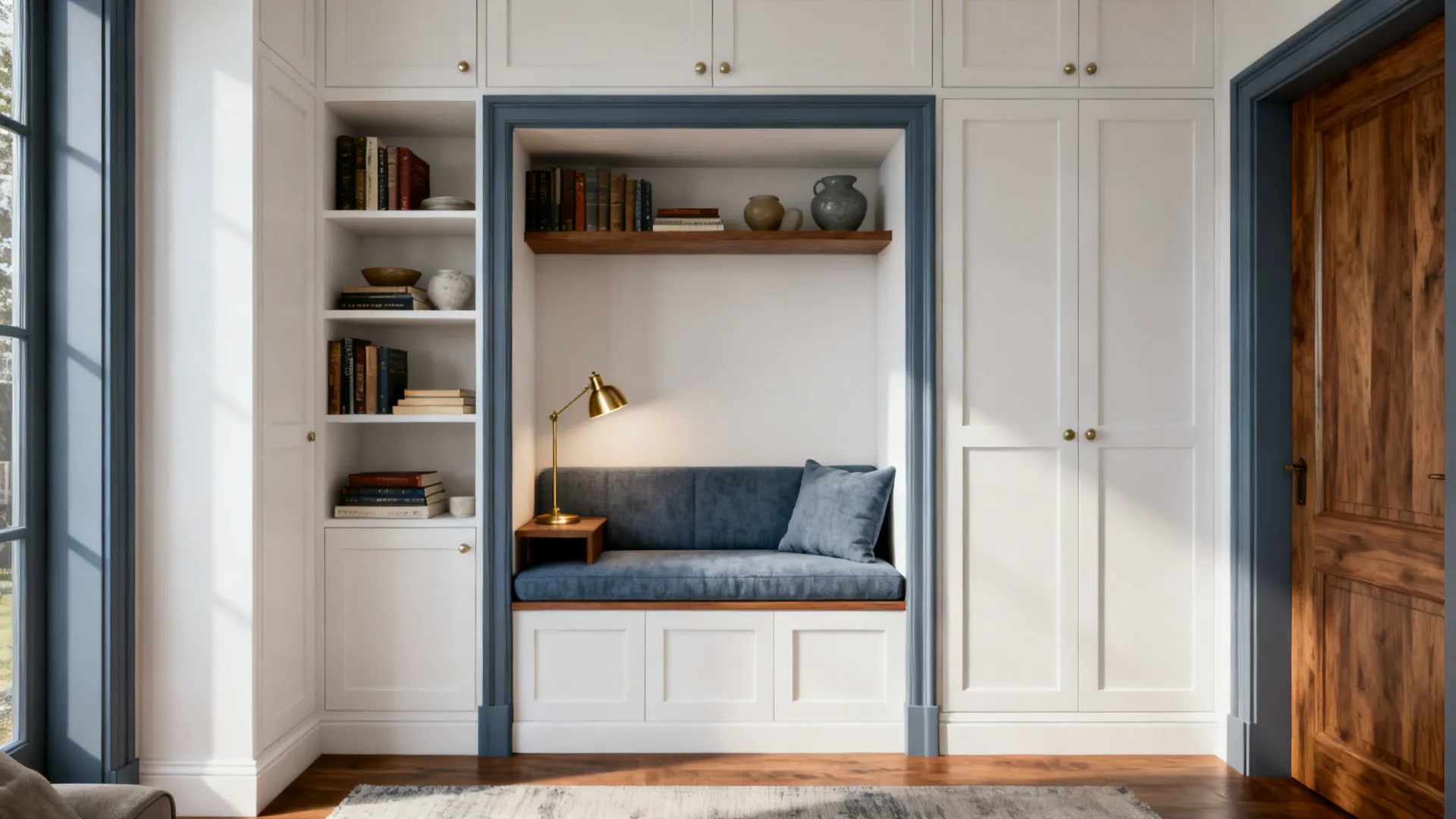 White built-in reading nook with blue bench cushion, wooden shelves, books, and a gold table lamp