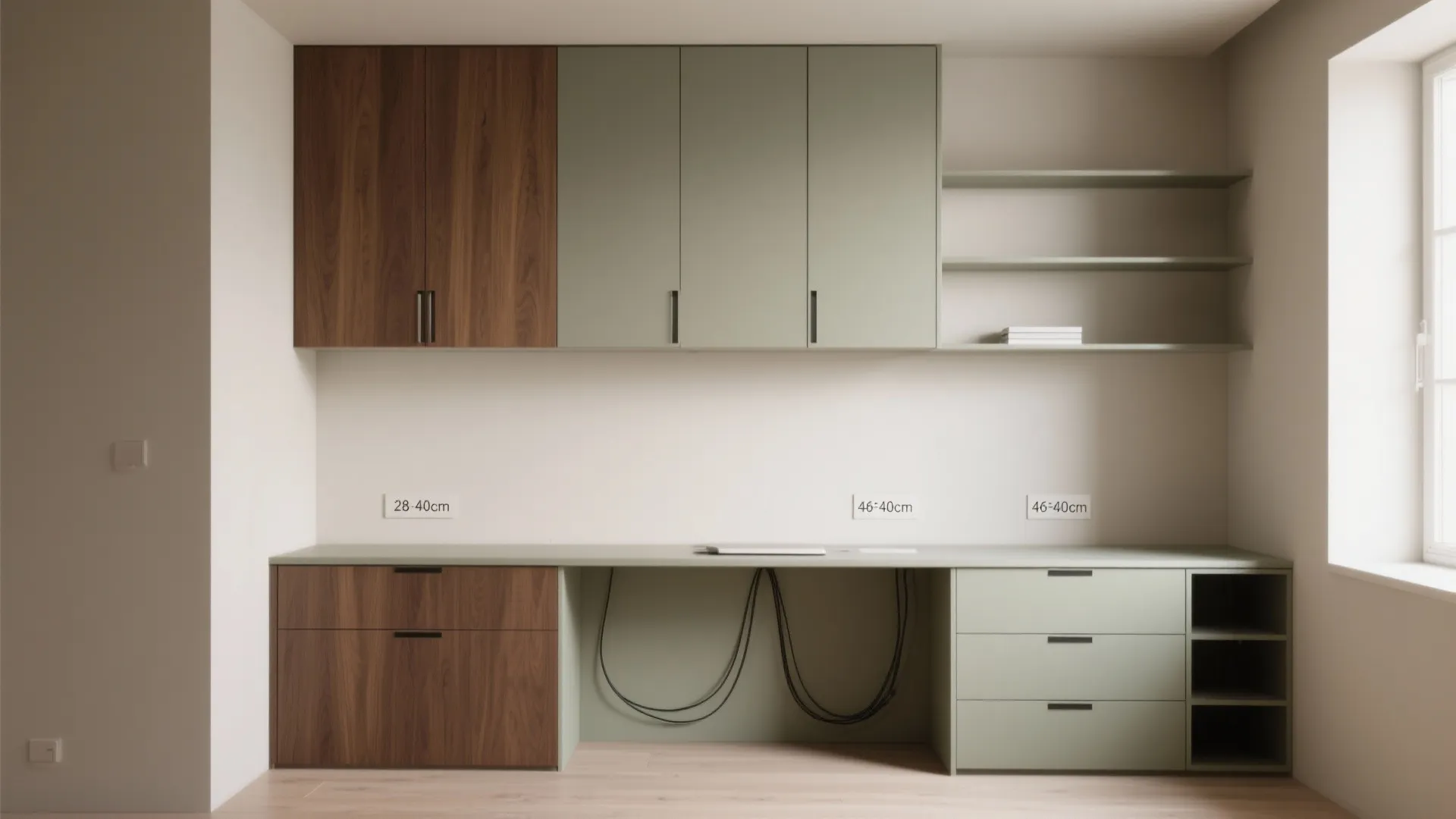 Interior design drawing of built-in study cabinet with wood and green doors and open shelves