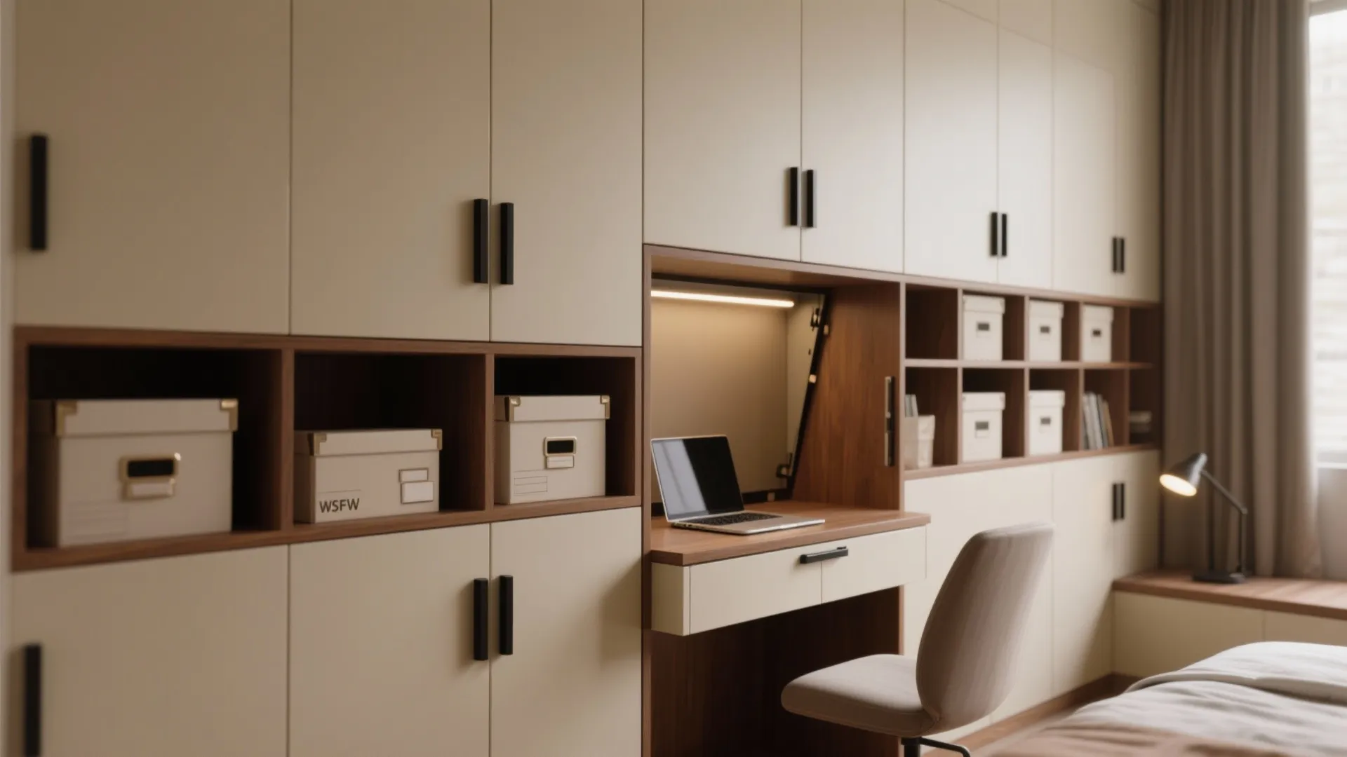 Built-in storage walls with a micro study nook