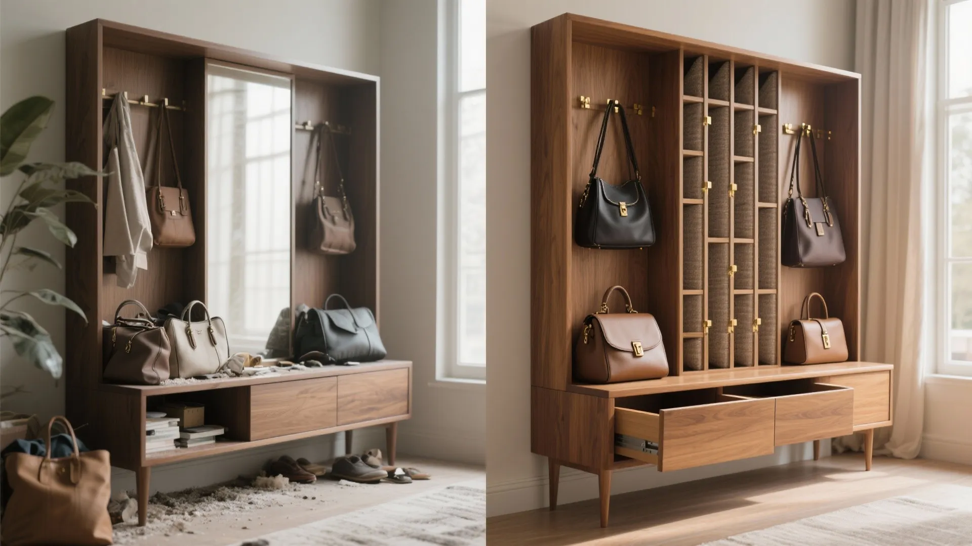 Before and after comparison of a messy entryway cabinet versus a neat organized bag storage