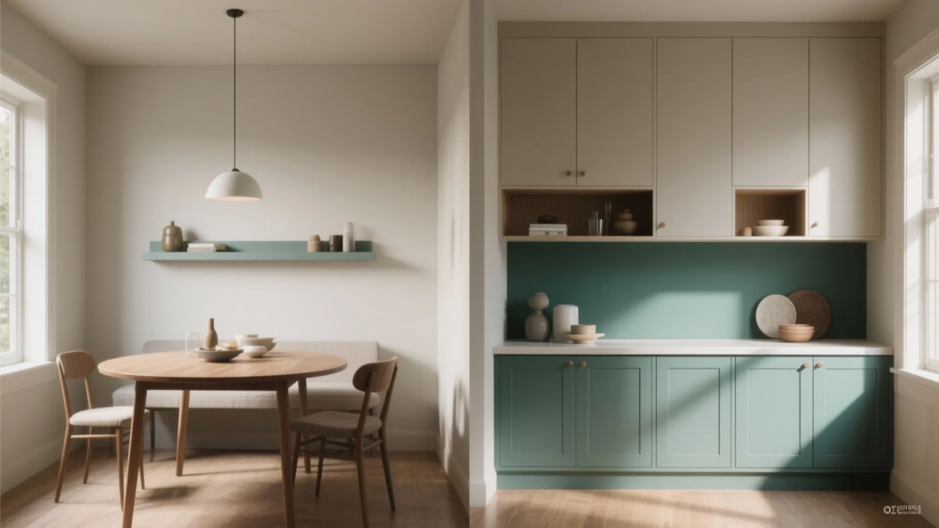 Before and after dining nook showing painted lower half matched to cabinets to suggest built-in storage