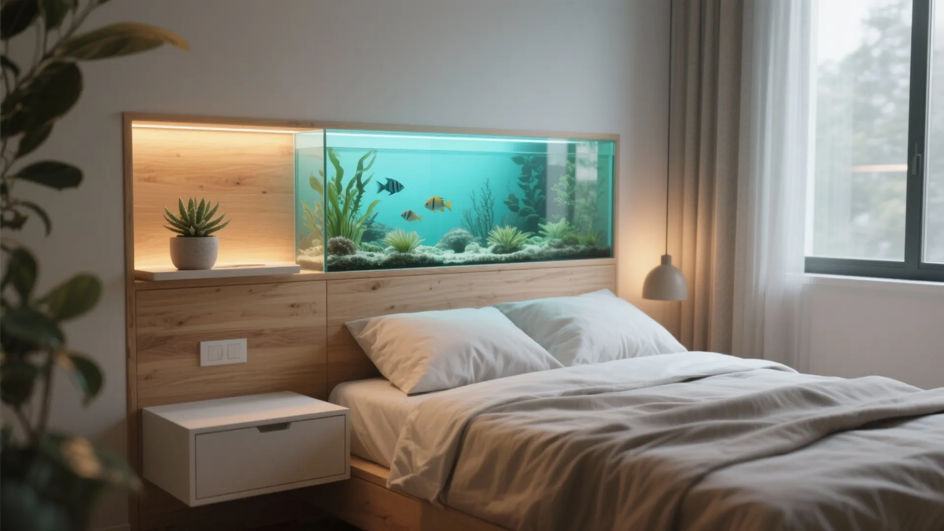Modern bedroom featuring a built-in fish tank inside the wooden bed headboard with warm lighting