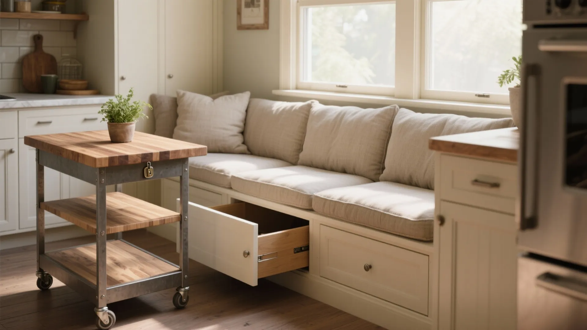 5) Built-in window-seat table or butcher block on casters