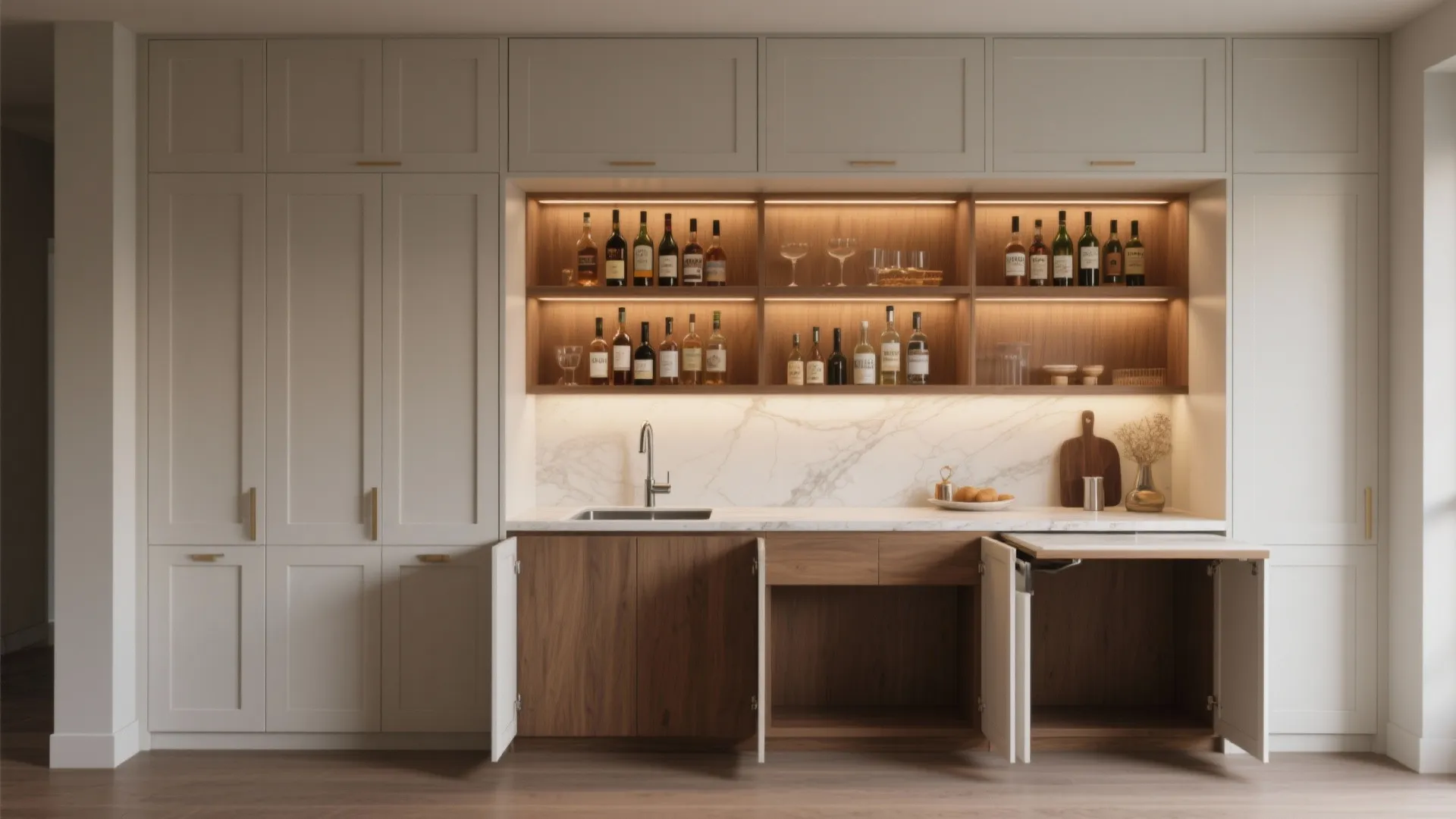 Built-in bar cabinet shown closed as storage and open with a fold-down counter and bar setup.