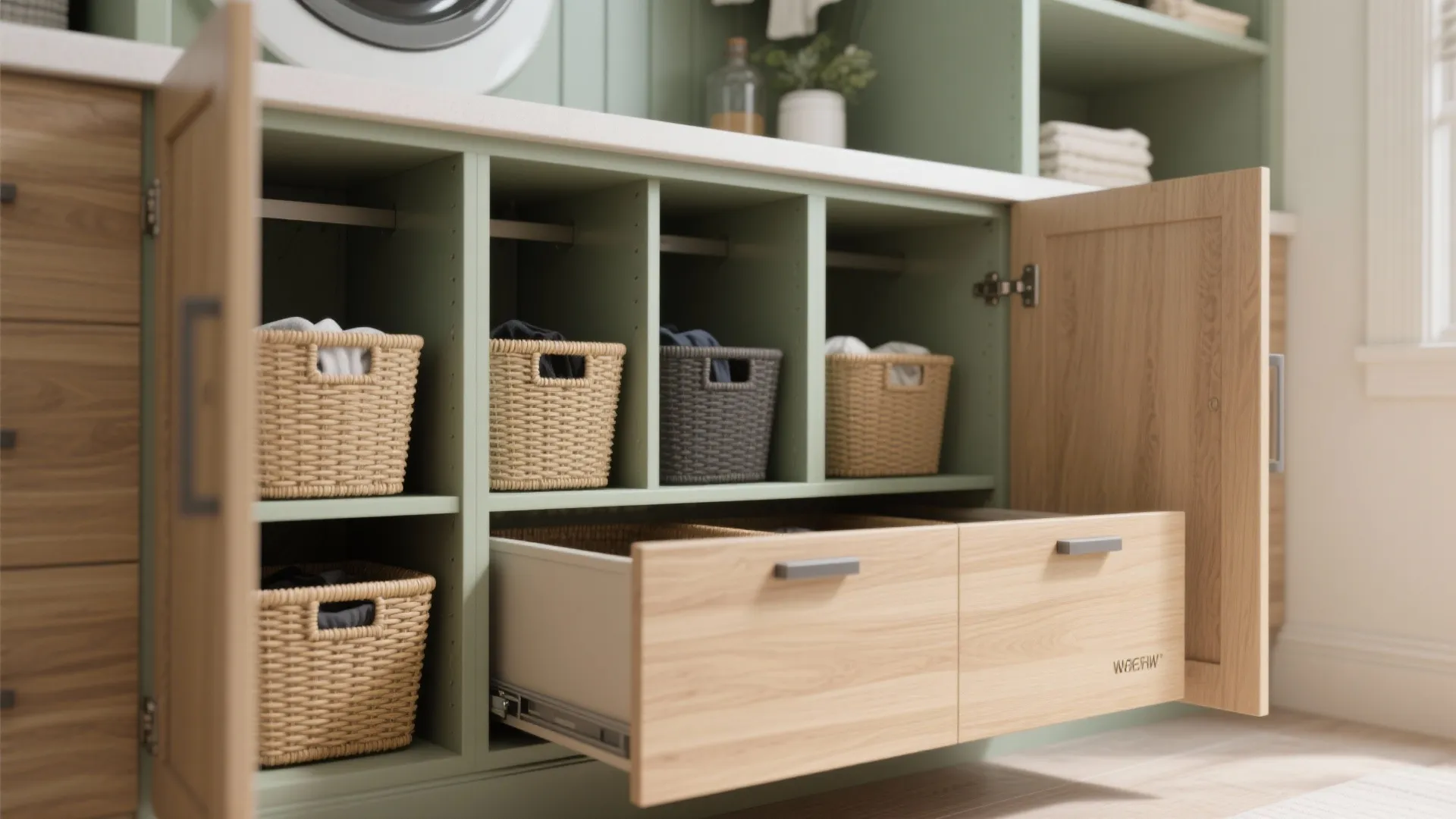 5. Built-in baskets and organized cabinetry