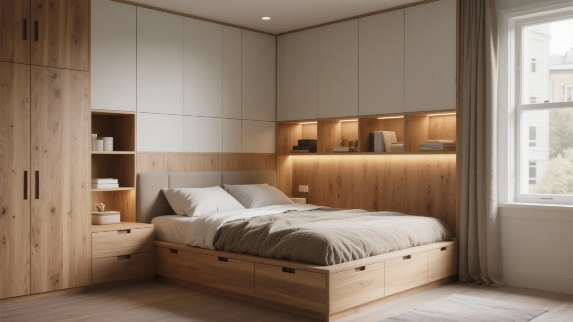 Wooden bed frame with built-in storage drawers and integrated wall shelving with soft warm lighting
