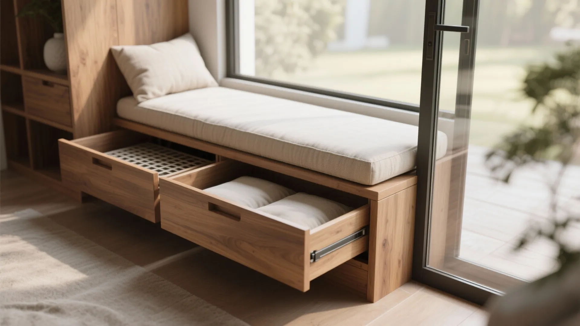 Wooden window seat with a white cushion and two open drawers for extra storage space