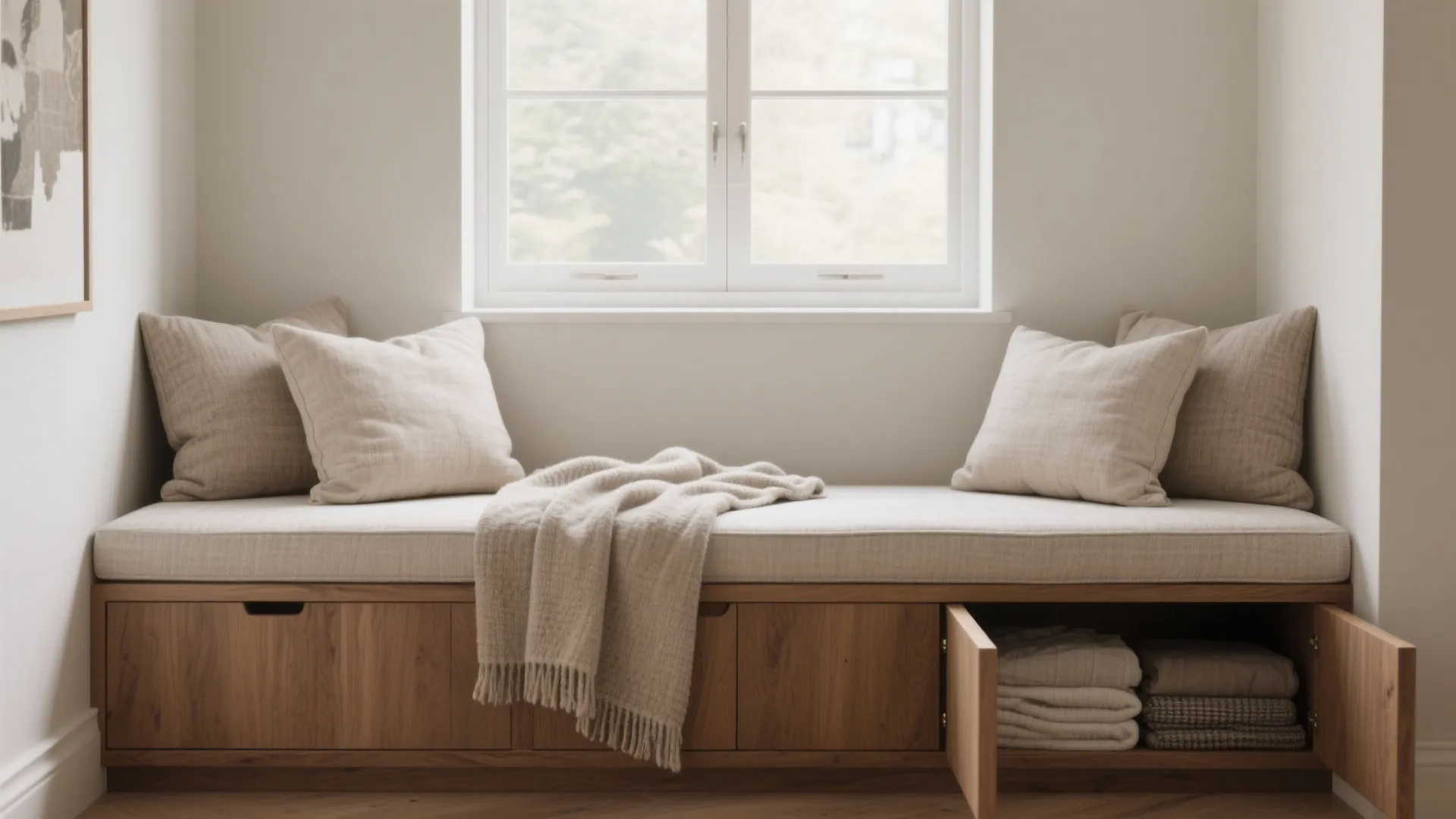 Wooden window seat with cushions a blanket and open storage drawers containing folded white towels
