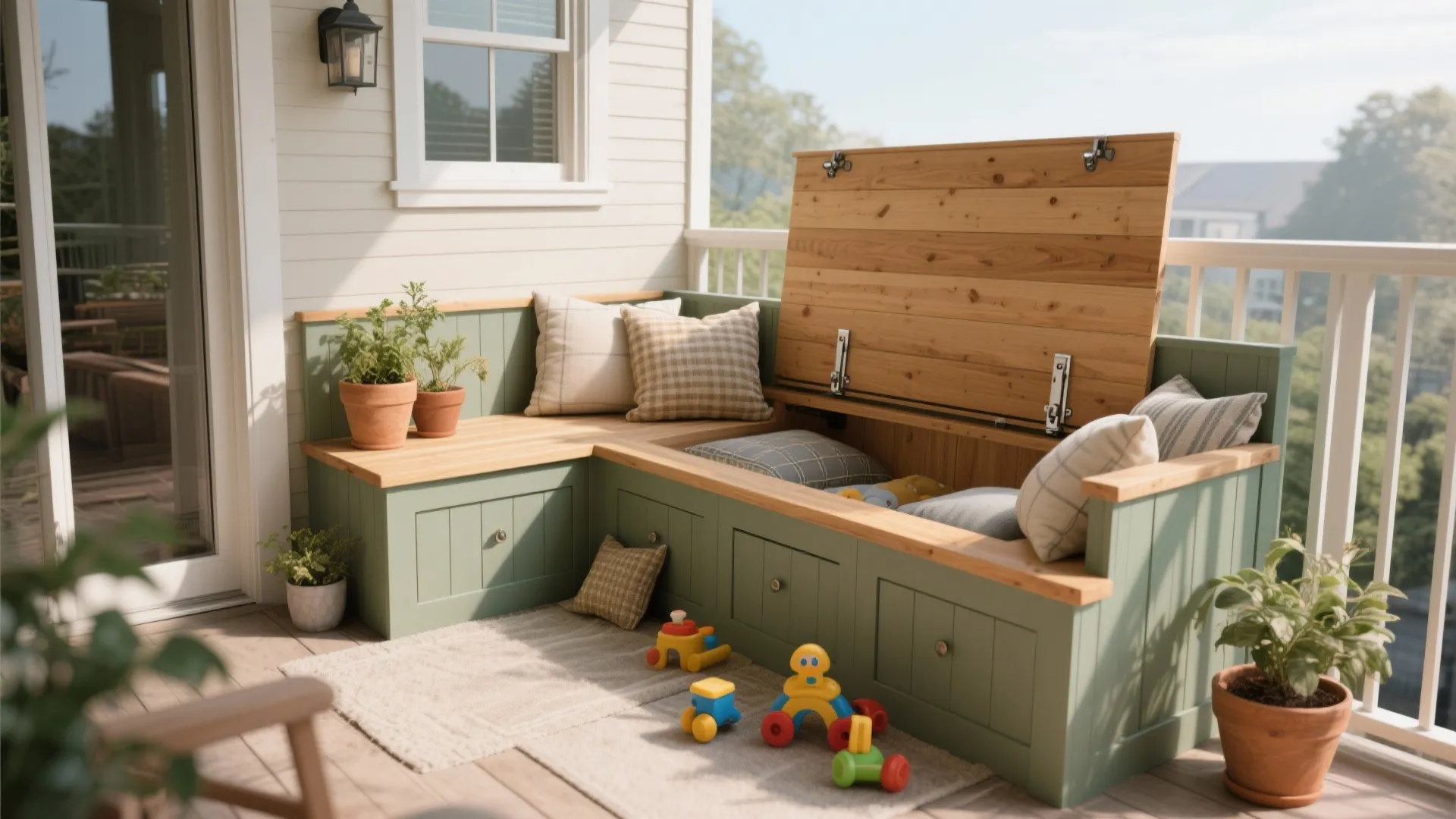 Green built-in balcony bench with open wooden storage lid cushions various toys and potted plants