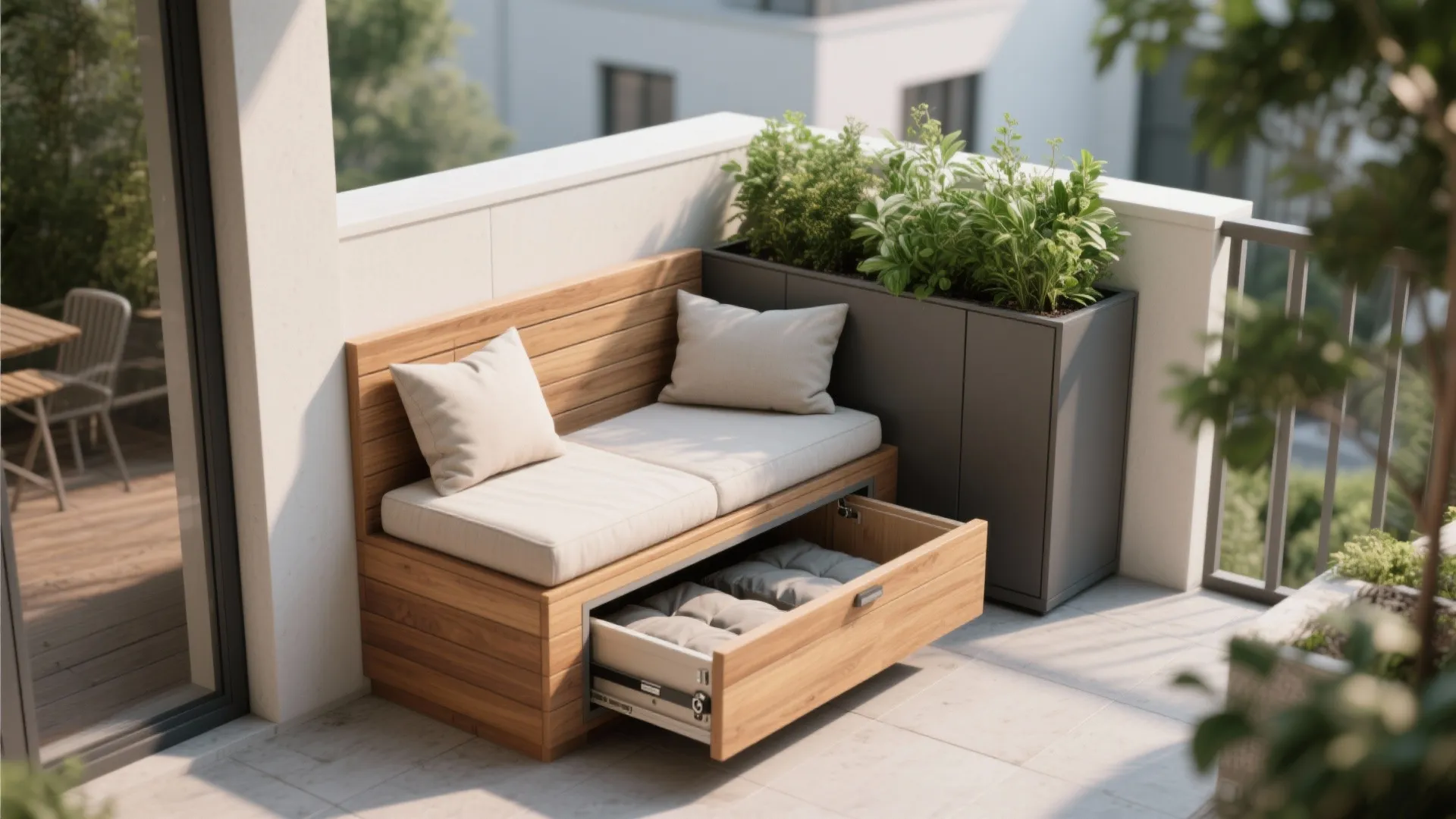 Built-in outdoor bench with hidden storage and planter box, weatherproof cushions on a small terrace.