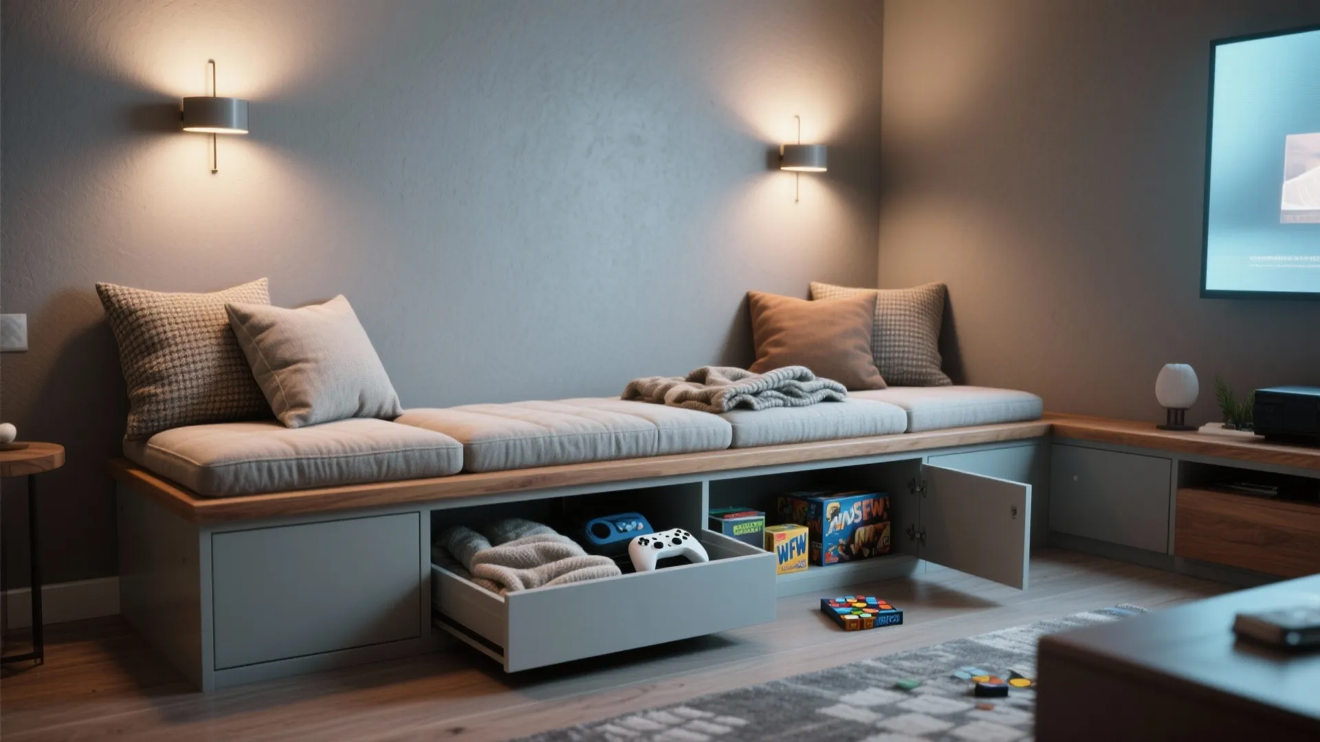 Grey built-in bench seating with open storage drawers for video games and pillows in living room