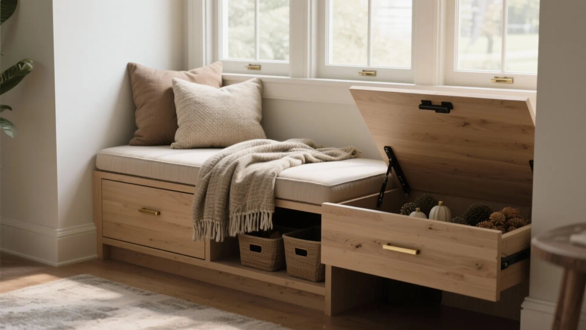 Wooden window seat with cushions and built-in storage drawers showing open compartments for various items