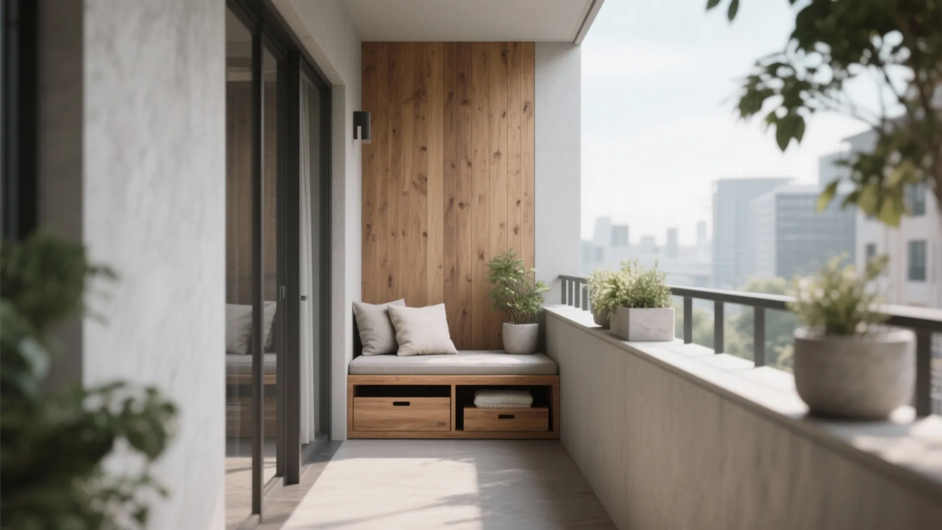 Modern balcony with wooden wall panel, small bench with cushions, storage drawers, and potted plants