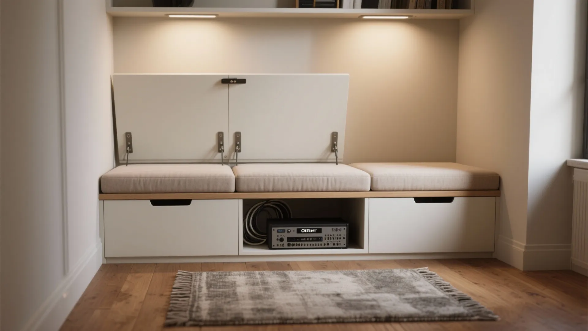 Built-in bench seat with hinged lid storage, painted plywood and ventilation for electronics.