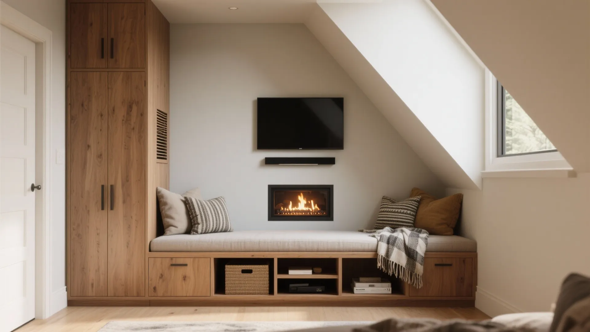 2. Built-in bench with storage and inset fireplace