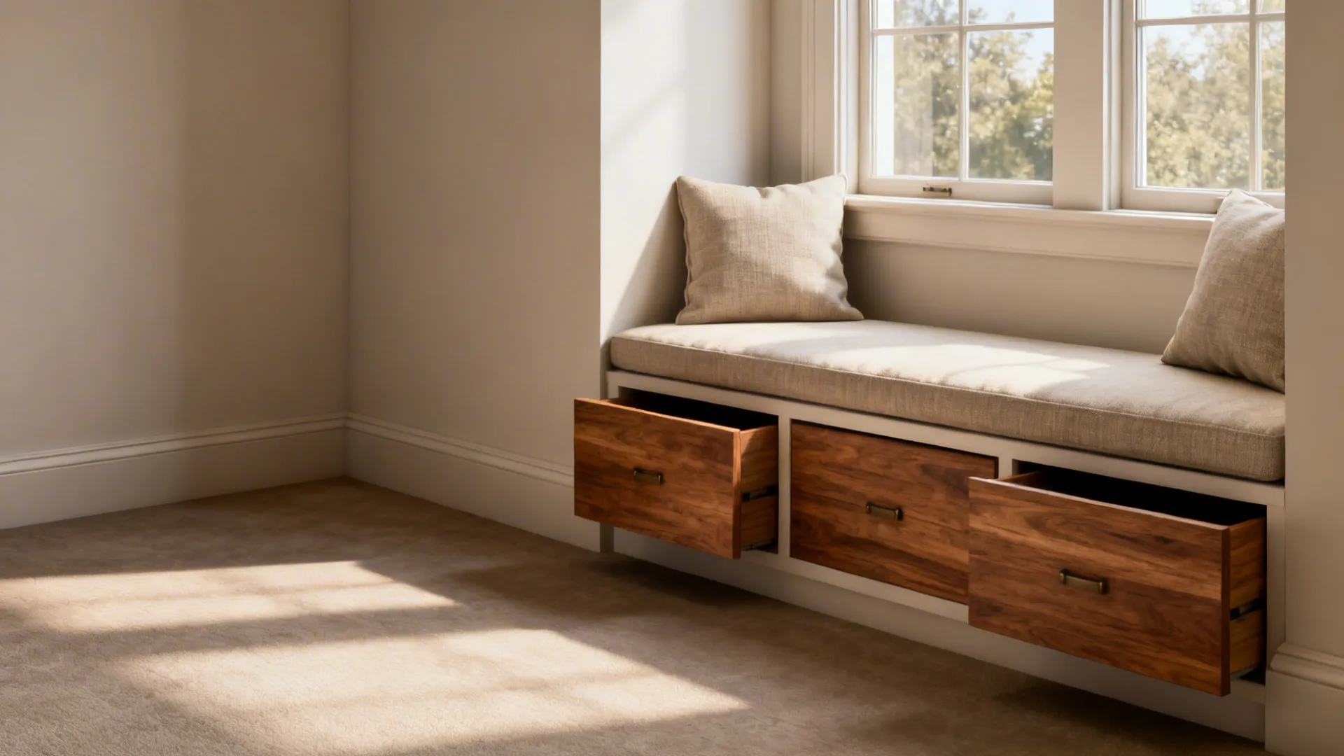 Before-and-after of an alcove converted into built-in bench seating with storage drawers and cushions.