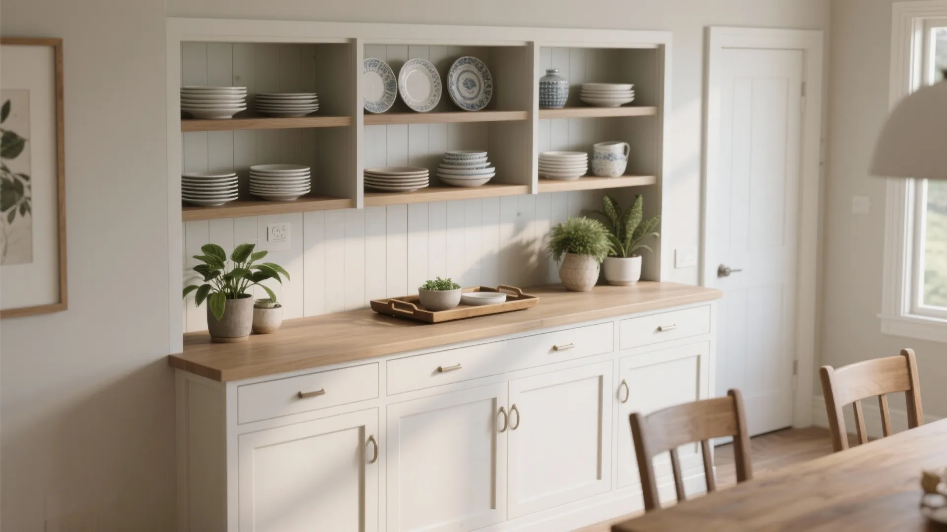 Shallow built-in buffet with open shelving and serving surface in a light dining room, showing tidy storage and display.