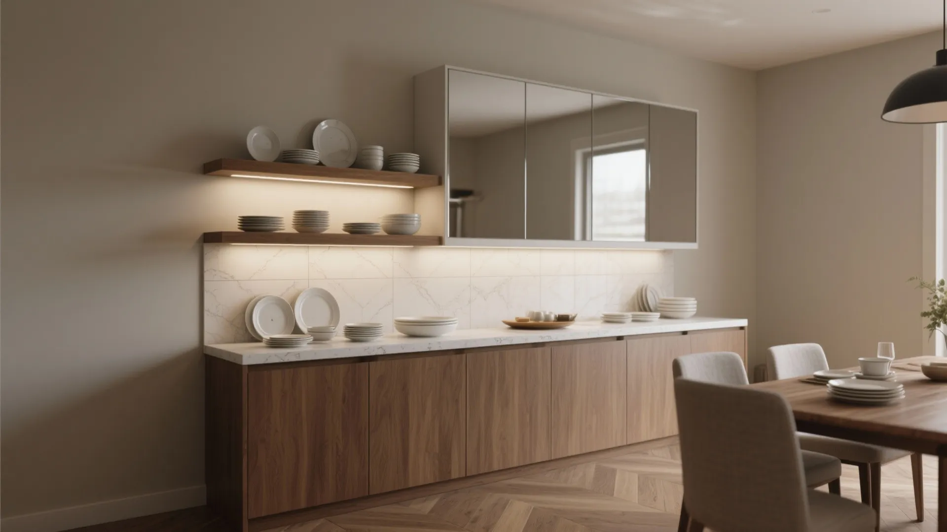 3. Built-in buffet wall with floating shelves