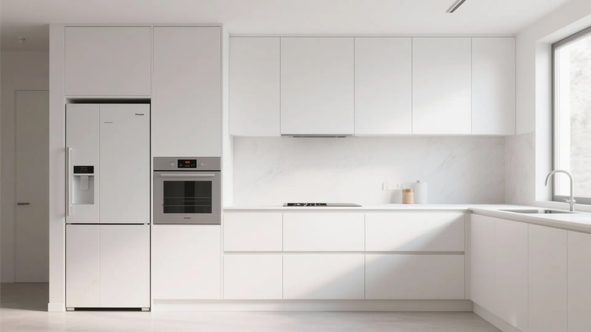 Built-in cabinet fridge seamlessly blending into a white kitchen