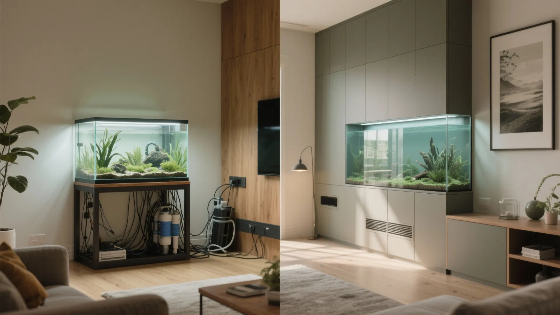 Comparison of messy fish tank stand versus clean built-in fish tank inside grey wall cabinets