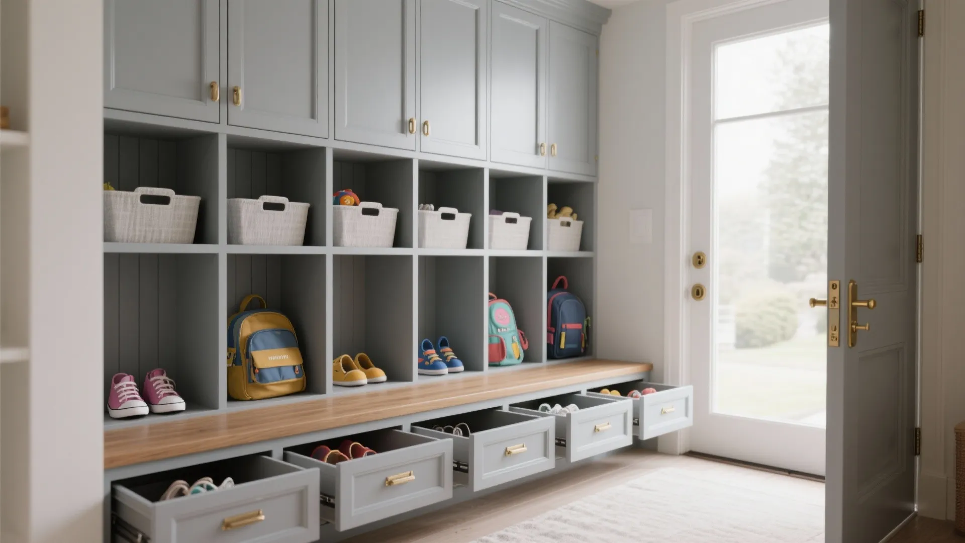 2. Built-in cubby bench with slide-out drawers