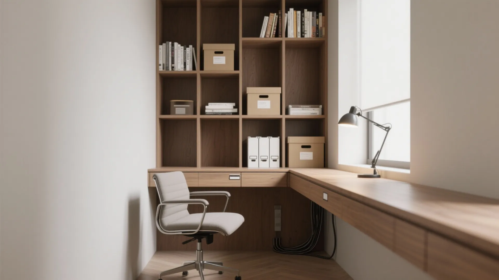 1. Built-in desk and vertical shelving