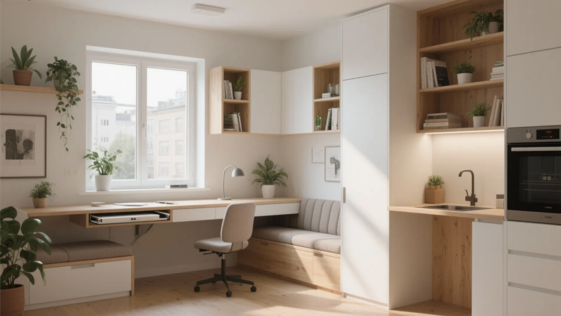 Home office design with wooden desk built into white kitchen cabinets and open wall shelves