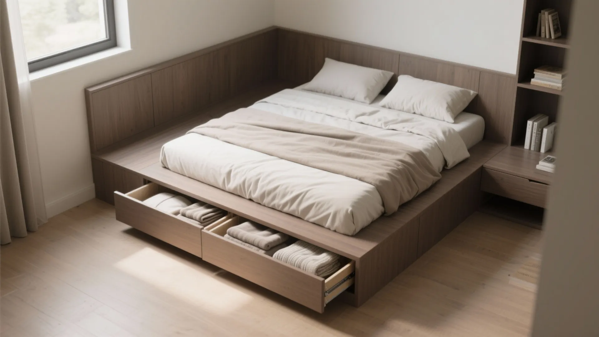 Low corner platform bed with deep pull-out drawers providing hidden storage under the mattress.