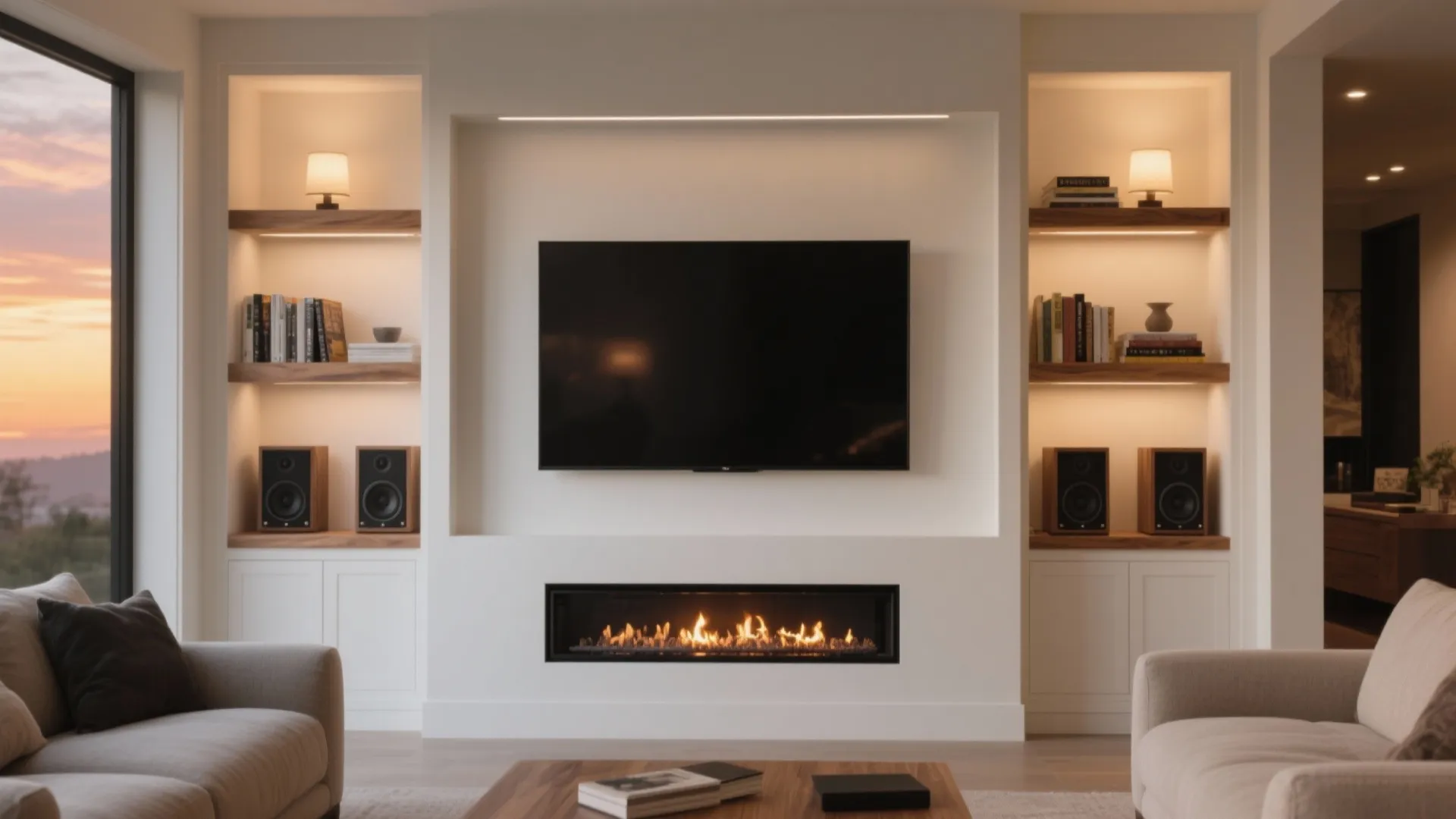 Built-in media wall with fireplace niche
