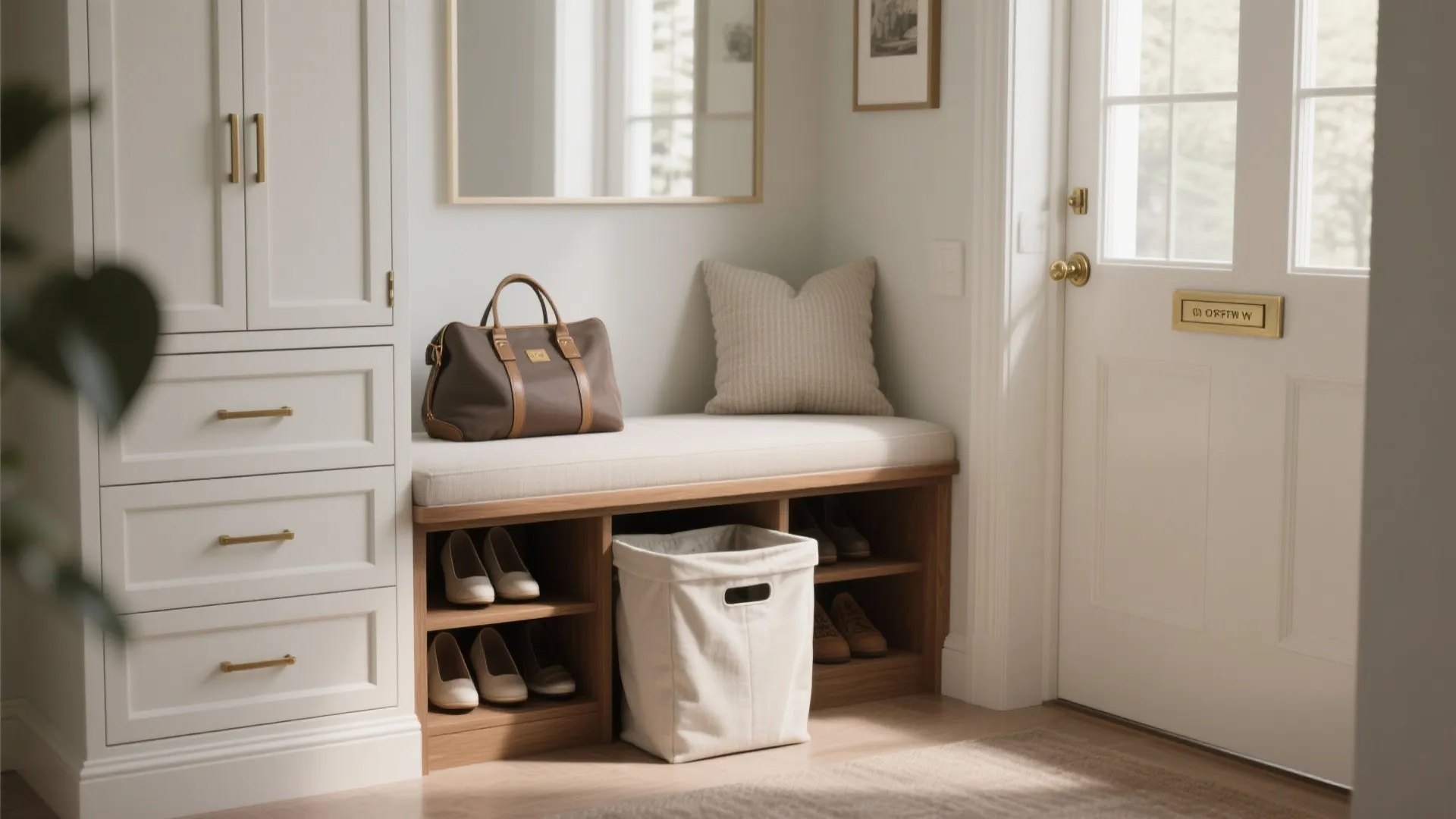 Entryway bench with integrated hidden hamper revealed under the seat and coordinated storage.