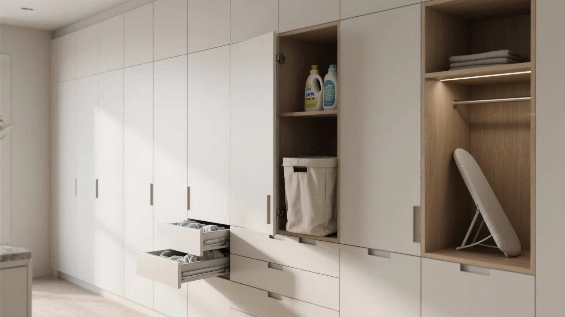 Large white wall cabinet with open drawers and shelves for laundry detergent and ironing board