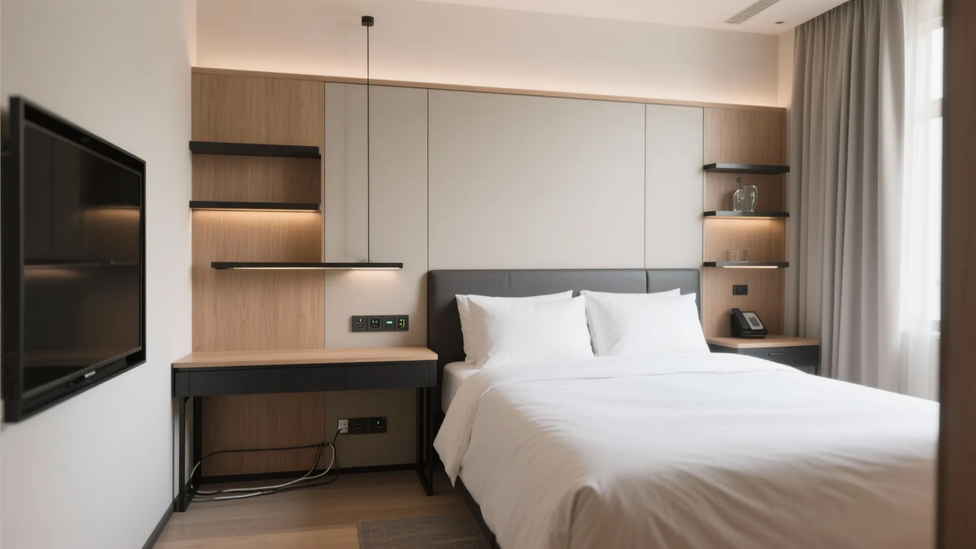 Compact furniture layout with built-in headboard